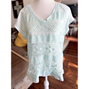 Chico's Women's Shirt Top Size 1 Medium Sheer Lace Overlay‎ Light Aqua